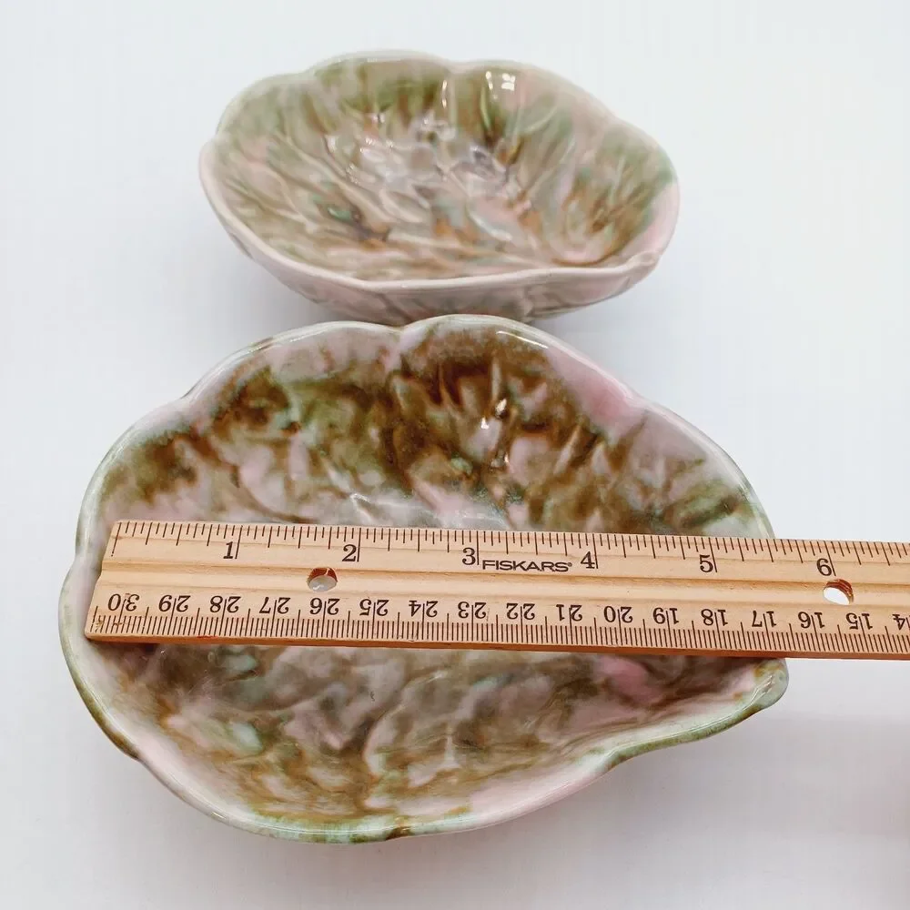 Matching Pair Antique Weller Pottery Zona Leaf Bowls Pink Green Glaze 1920s...